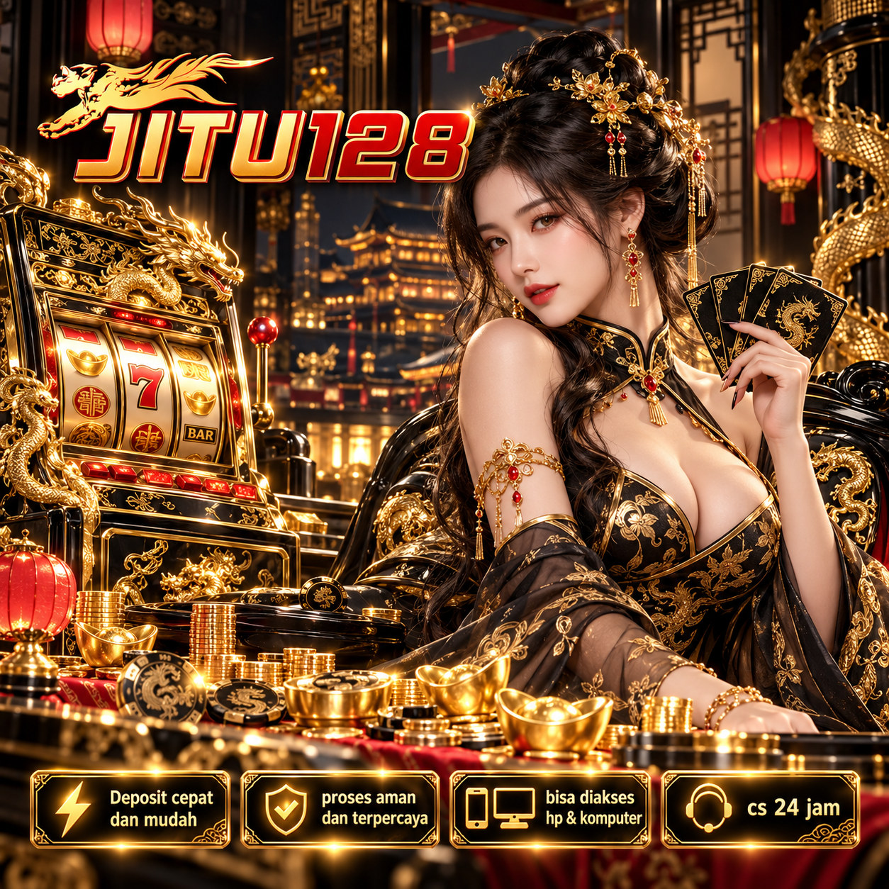 Poster JITU128 dengan dekorasi oriental dan naga emas